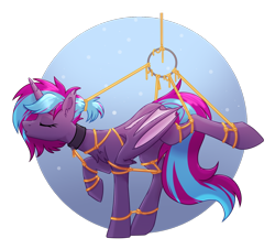 Size: 1480x1336 | Tagged: safe, artist:lambydwight, oc, oc:cloud twist, alicorn, bat pony, bat pony alicorn, pony, bat wings, bondage, collar, eyes closed, horn, rope, rope bondage, shibari, simple background, suspended, suspension bondage, transparent background, wings