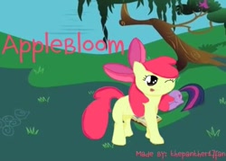 Size: 504x360 | Tagged: safe, artist:thepanther17fan, edit, edited screencap, screencap, apple bloom, twilight sparkle, earth pony, pony, unicorn, friendship is magic, g4, season 1, bow, female, filly, foal, hair bow, lying down, mare, one eye closed, prone, smiling, text, tree, unicorn twilight, wink