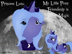 Size: 1024x768 | Tagged: safe, artist:thepanther17fan, princess luna, alicorn, human, pony, g4, clothes, crown, female, horn, horned humanization, humanized, jewelry, lying down, mare, moon, night, prone, regalia, shoes, stars, text, wings