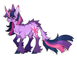 Size: 640x479 | Tagged: safe, artist:xenon, twilight sparkle, pony, unicorn, g4, cloven hooves, curved horn, female, glasses, horn, leonine tail, raised hoof, redesign, simple background, smiling, solo, tail, transparent background, unshorn fetlocks