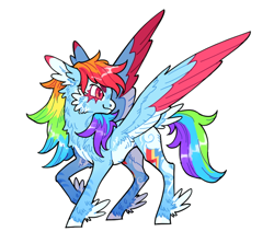 Size: 640x569 | Tagged: safe, artist:xenon, rainbow dash, pegasus, pony, g4, colored wings, feathered fetlocks, female, looking back, multicolored wings, raised hoof, redesign, simple background, smiling, solo, spread wings, transparent background, wings