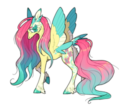 Size: 640x554 | Tagged: safe, artist:xenon, fluttershy, pegasus, pony, g4, butt, colored wings, female, multicolored wings, plot, raised hoof, redesign, simple background, solo, spread wings, transparent background, unshorn fetlocks, wings