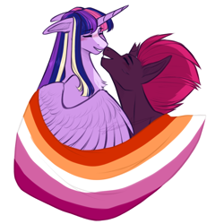 Size: 1000x1000 | Tagged: safe, artist:purplegrim40, tempest shadow, twilight sparkle, alicorn, pony, g4, broken horn, duo, eyes closed, female, happy, horn, lesbian, lesbian pride flag, nuzzling, pride, pride flag, ship:tempestlight, shipping, simple background, smiling, twilight sparkle (alicorn), white background