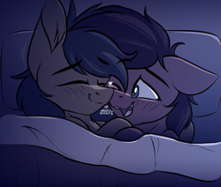 Size: 663x563 | Tagged: safe, artist:notetaker, oc, oc only, oc:chance, oc:notetaker, earth pony, pony, bed, blanket, duo, gay, male, nuzzling, pillow, sleepy, snuggling, stallion