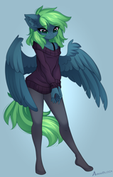 Size: 1393x2196 | Tagged: safe, alternate version, artist:airiniblock, oc, oc only, oc:emerald, pegasus, anthro, unguligrade anthro, rcf community, abstract background, anthro oc, clothes, female, gradient background, pantyhose, pegasus oc, solo, tights