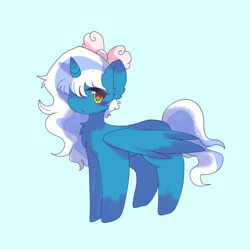 Size: 500x500 | Tagged: safe, artist:wollavast, oc, oc:fleurbelle, alicorn, pony, adorabelle, alicorn oc, blue background, bow, chibi, cute, female, hair bow, horn, mare, ocbetes, simple background, wings
