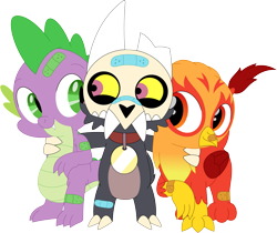 Size: 3429x2875 | Tagged: safe, artist:porygon2z, spike, oc, oc:heatwave, dragon, griffon, titan, g4, bandaid, boo boo buddies, broken horn, collar, crossover, griffon oc, high res, horn, hug, king clawthorne, male, pet tag, porygon2z's trio, show accurate, simple background, skull, the owl house, transparent background, trio, trio male