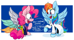 Size: 1280x690 | Tagged: source needed, safe, artist:wutanimations, pinkie pie, rainbow dash, earth pony, pegasus, pony, fanfic:cupcakes, fanfic:rainbow factory, g4, clothes, comic, compliment, costume, crossover, cutie mark dress, dialogue, dress, duo, fanfic art, female, looking at each other, looking at someone, mare, nightmare night, passepartout, rainbow factory dash, talking
