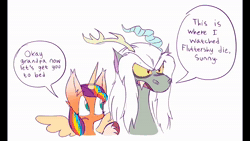 Size: 1280x720 | Tagged: safe, artist:sidruni, artist:stelldubs, idw, discord, sunny starscout, alicorn, draconequus, pony, g5, spoiler:comic, spoiler:g5comic, spoiler:g5comic05, animated, batman, conbons, dark comedy, dc comics, implied fluttershy, male, mane stripe sunny, meme, old man discord, ponified meme, race swap, simple background, sound, speech bubble, sunnycorn, this is where i watched my parents die parappa, voice acting, webm, white background, white hair