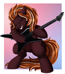 Size: 3080x3476 | Tagged: safe, artist:pridark, oc, oc only, earth pony, pony, bipedal, commission, earth pony oc, electric guitar, eyes closed, female, guitar, high res, mare, musical instrument, playing, smiling, solo