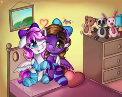 Size: 1280x1019 | Tagged: safe, artist:appleneedle, oc, oc only, oc:hannah rainboom, oc:lovely honesty, pegasus, pony, bed, bow, clothes, female, filly, foal, friends, love, plushie, socks