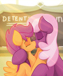 Size: 1791x2160 | Tagged: safe, alternate version, artist:glutenfree_texmex, derpibooru exclusive, cheerilee, scootaloo, earth pony, pegasus, pony, g4, age difference, bedroom eyes, chalkboard, detention, female, filly, foal, french kiss, kiss on the lips, kissing, lesbian, mare, mare on filly, nose to nose, ponyville schoolhouse, ship:cheeriloo, shipping, spread wings, tongue out, wingboner, wings