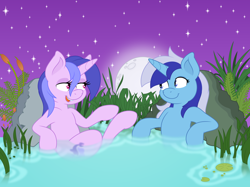Size: 4872x3636 | Tagged: safe, artist:joey darkmeat, artist:starcollider, minuette, sea swirl, seafoam, pony, unicorn, g4, .svg available, absurd resolution, duo, duo female, female, lesbian, looking at each other, looking at someone, mare, minufoam, moon, night, open mouth, plant, rock, shipping, stars, vector, wet, wet mane