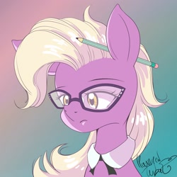 Size: 3000x3000 | Tagged: safe, artist:hauntedtuba, grace manewitz, earth pony, pony, g4, female, glasses, high res, mare, pencil, pencil behind ear, solo