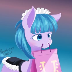 Size: 3000x3000 | Tagged: safe, artist:hauntedtuba, tote bag (g4), earth pony, pony, g4, bag, clothes, high res, maid, mouth hold, solo