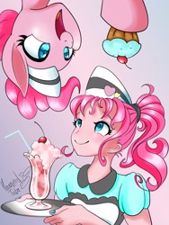 Size: 1536x2048 | Tagged: safe, artist:hauntedtuba, pinkie pie, earth pony, human, pony, equestria girls, g4, clothes, cupcake, duality, female, food, human ponidox, mare, milkshake, open mouth, open smile, self paradox, self ponidox, server pinkie pie, smiling, upside down