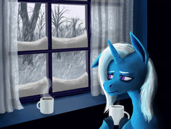 Size: 1600x1200 | Tagged: safe, artist:necromarecy, trixie, pony, unicorn, g4, cup, looking out the window, mug, one ear down, sad, snow, snowfall, solo, the sad and depressive trixie, tree, window, winter