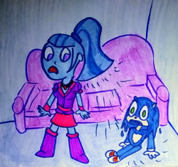 Size: 1280x1205 | Tagged: safe, artist:dex stewart, sonata dusk, human, equestria girls, g4, couch, disguise, disguised siren, male, sonic the hedgehog, sonic the hedgehog (series), traditional art