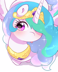 Size: 2929x3621 | Tagged: safe, artist:leo19969525, princess celestia, alicorn, pony, g4, :p, blushing, crown, cute, cutelestia, female, hair, high res, horn, jewelry, looking at you, looking up, looking up at you, mare, pink eyes, regalia, solo, spread wings, tongue out, wings