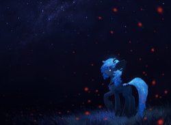 Size: 2464x1804 | Tagged: safe, artist:koviry, oc, oc only, oc:noctis, earth pony, pony, commission, glowing mane, grass, night, raised hoof, solo, stars, ych result