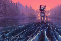 Size: 2664x1800 | Tagged: safe, artist:koviry, oc, oc only, oc:windshear, kirin, big ears, commission, female, forest, frozen lake, frozen pond, lake, looking down, pond, scenery, scenery porn, solo, standing, twilight (astronomy), water, winter, ych result