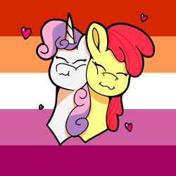 Size: 5000x5000 | Tagged: safe, artist:shooting star, apple bloom, sweetie belle, earth pony, pony, unicorn, g4, bust, cheek to cheek, commission, cuddling, cutie mark crusaders, duo, eyes closed, female, heart, lesbian, lesbian pride flag, love, mare, portrait, pride, pride flag, ship:sweetiebloom, shipping, smiling, ych example, your character here