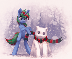 Size: 2454x2000 | Tagged: safe, artist:koviry, oc, oc only, oc:wander bliss, pony, unicorn, bipedal, clothes, cute, high res, ocbetes, scarf, smiling, snow, snowpony, solo, striped scarf, winter