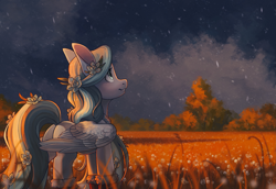 Size: 2437x1675 | Tagged: safe, artist:koviry, oc, oc only, pegasus, pony, boots, butt, clothes, commission, female, field, flower, flower in hair, looking up, mare, plot, scenery, shoes, smiling, solo, ych result