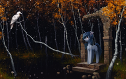 Size: 2843x1800 | Tagged: safe, artist:koviry, oc, oc only, bird, pony, unicorn, commission, forest, open mouth, scenery, solo, ych result
