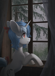 Size: 1500x2039 | Tagged: safe, artist:koviry, oc, oc only, oc:clair, oc:clairvoyance, pony, unicorn, blackletter, curtains, grass, horn, looking out the window, male, rain, raised tail, smiling, solo, stallion, tail, tree, window