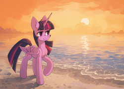 Size: 2032x1462 | Tagged: safe, artist:koviry, twilight sparkle, alicorn, pony, g4, beach, commission, female, lidded eyes, mare, raised hoof, scenery, smiling, solo, sun, twilight sparkle (alicorn), water, ych example, your character here