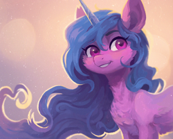 Size: 1556x1246 | Tagged: safe, artist:koviry, izzy moonbow, pony, unicorn, g5, my little pony: a new generation, spoiler:my little pony: a new generation, aside glance, backlighting, beautiful, bust, cheek fluff, chest fluff, ear fluff, female, fluffy, looking at you, mare, smiling, solo