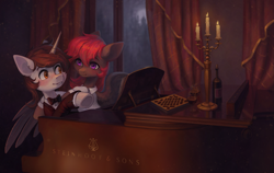 Size: 3155x2000 | Tagged: safe, artist:koviry, oc, oc only, oc:darius, oc:rosetta hask, pegasus, pony, unicorn, blushing, bottle, candle, commission, glass, high res, horn, looking at each other, looking at someone, musical instrument, piano, window, wine bottle, wine glass, wings