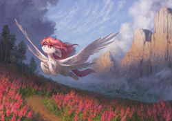 Size: 2859x2000 | Tagged: safe, artist:koviry, oc, oc only, oc:distant sound, pegasus, pony, choker, commission, cross, devil horns, ear piercing, flying, forest, four wings, halo, high res, horns, mountain, mountain range, multiple wings, piercing, scenery, sky, solo, star of david, town, valley, white coat, windmill, wings