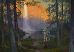 Size: 4572x3220 | Tagged: safe, artist:koviry, oc, oc only, oc:summer ray, pegasus, pony, chest fluff, cliff, coat markings, colored ears, colored wings, commission, ear fluff, female, forest, jewelry, lake, leg wraps, mare, necklace, pale belly, scenery, socks (coat markings), solo, spread wings, tail, two toned mane, two toned tail, two toned wings, water, waterfall, wings