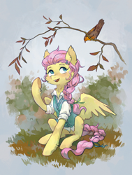 Size: 1682x2224 | Tagged: safe, artist:koviry, fluttershy, bird, pegasus, pony, g4, alternate hairstyle, braid, clothes, female, forest, shirt, solo, sweater vest, tree branch