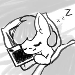 Size: 500x500 | Tagged: safe, artist:arielsbx, apple bloom, earth pony, pony, g4, :3, bed, drawing tablet, eyes closed, female, filly, foal, onomatopoeia, sleeping, solo, sound effects, zzz