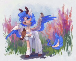 Size: 2716x2200 | Tagged: safe, artist:koviry, oc, oc only, bird, deer, deer pony, original species, peryton, cheek fluff, chest fluff, clothes, cloven hooves, colored wings, commission, dress, ear fluff, fangs, freckles, high res, leonine tail, multicolored wings, scenery, smiling, solo, spread wings, tail, wings