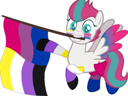 Size: 1207x908 | Tagged: safe, artist:yeetmedownthestairs, zipp storm, pegasus, pony, g5, adorazipp, bisexual pride flag, clothes, commission, cute, face paint, flag, grin, mouth hold, nonbinary, nonbinary pride flag, pride, pride flag, pride month, pride socks, raised hoof, raised leg, simple background, smiling, socks, solo, striped socks, transparent background, ych result
