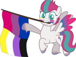 Size: 1207x908 | Tagged: safe, alternate version, artist:yeetmedownthestairs, zipp storm, pegasus, pony, g5, adorazipp, bisexual pride flag, commission, cute, face paint, flag, grin, mouth hold, nonbinary, nonbinary pride flag, pride, pride flag, pride month, raised hoof, raised leg, simple background, smiling, solo, transparent background, unshorn fetlocks, ych result
