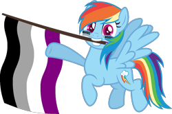 Size: 1304x865 | Tagged: safe, alternate version, artist:yeetmedownthestairs, rainbow dash, pegasus, pony, g4, asexual, asexual pride flag, commission, cute, dashabetes, face paint, female, flag, grin, mare, mouth hold, pride, pride flag, pride month, raised hoof, raised leg, simple background, smiling, solo, transparent background, ych result