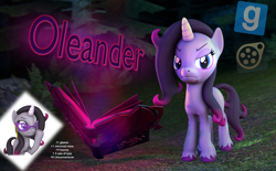 Size: 1696x1049 | Tagged: safe, artist:pika-robo, oleander (tfh), pony, unicorn, them's fightin' herds, g4, 3d, book, community related, download at source, downloadable, eyebrows, female, forest, frown, glasses, gmod, looking at you, ponified, revamped ponies, solo, source filmmaker, source filmmaker resource, unicornomicon, unshorn fetlocks