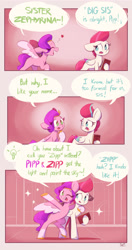 Size: 1800x3400 | Tagged: safe, artist:scribble-potato, pipp petals, zipp storm, pegasus, pony, g5, adorapipp, adorazipp, book, comic, cute, dialogue, female, heart, hug, mare, royal sisters (g5), siblings, sisters, sisters being sisters, speech bubble, thought bubble