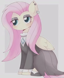 Size: 1579x1903 | Tagged: safe, artist:ginmaruxx, fluttershy, pegasus, pony, g4, alternate hairstyle, blushing, clothes, ear piercing, earring, eyeshadow, female, fluttergoth, folded wings, gem, goth, jacket, jewelry, lidded eyes, makeup, mare, necklace, piercing, simple background, sitting, solo, white background, wings