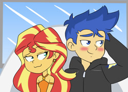 Size: 1280x920 | Tagged: safe, artist:qsky, flash sentry, sunset shimmer, human, equestria girls, g4, duo, female, male, ship:flashimmer, shipping, straight