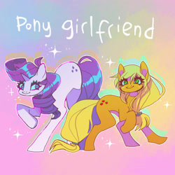 Size: 500x500 | Tagged: safe, artist:cutesykill, applejack, rarity, earth pony, pony, unicorn, g4, duo, duo female, female, freckles, happy, hatless, horn, lesbian, mare, missing accessory, ship:rarijack, shipping, smiling, sparkles