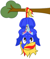 Size: 1159x1346 | Tagged: safe, artist:hazel bloons, derpibooru exclusive, oc, oc only, bat pony, pony, 2022, :3, bat pony oc, bat wings, blue coat, book, brown eyes, butt, cute, fangs, hanging, hanging upside down, holding, male, multicolored hair, plot, reading, signature, simple background, smiling, solo, spread wings, stallion, tail, transparent background, tree, two toned mane, two toned tail, upside down, wings, yellow hair