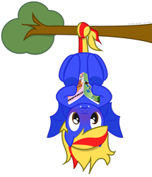Size: 1159x1346 | Tagged: safe, alternate version, artist:hazel bloons, derpibooru exclusive, oc, oc only, bat pony, pony, 2022, :3, bat pony oc, bat wings, blue coat, blushing, brown eyes, butt, clothes, cute, fangs, hanging, hanging upside down, holding, implied gay, magazine, male, multicolored hair, plot, reading, signature, simple background, smiling, socks, solo, spread wings, stallion, striped socks, tail, transparent background, tree, two toned mane, two toned tail, upside down, wings, yellow hair