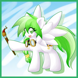 Size: 1000x1000 | Tagged: safe, artist:ragurimo, oc, oc only, pegasus, pony, goggles, green background, hoof hold, paintbrush, raised hoof, simple background, solo, wings