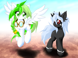 Size: 2000x1500 | Tagged: safe, artist:ragurimo, oc, oc only, pegasus, pony, duo, female, goggles, horns, looking at someone, mare, wings
